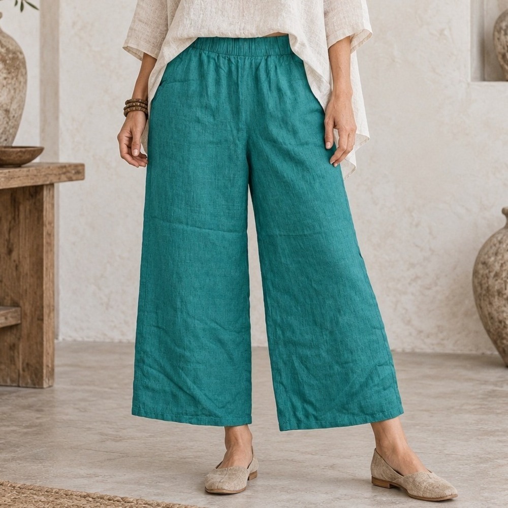 Eileen Fisher M Washed Organic Linen Delave Wide Leg Cropped Pants Relaxed